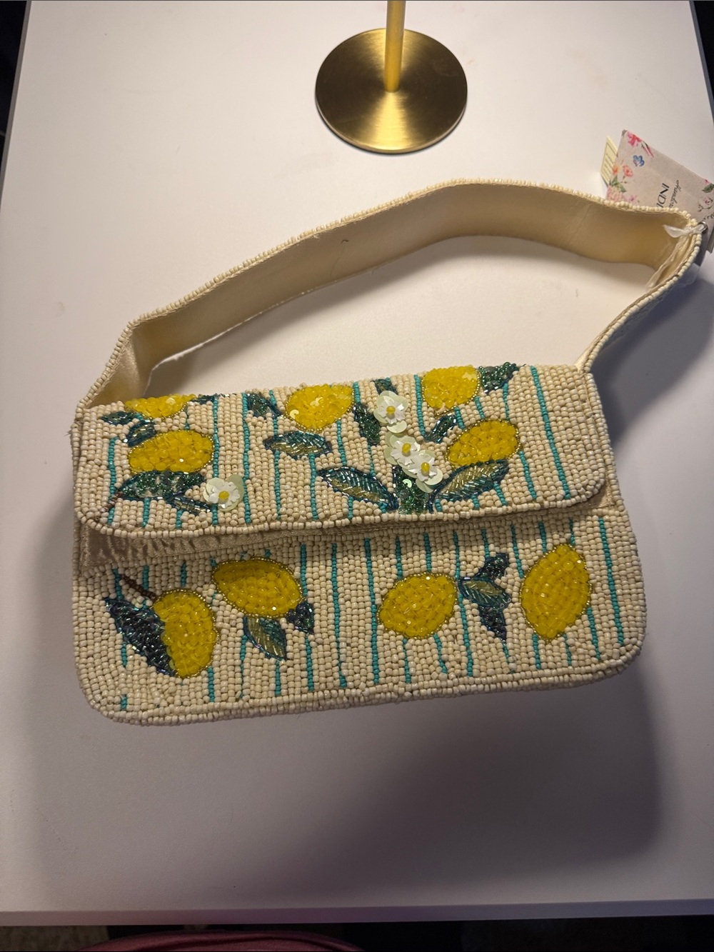 Beaded Lemon Embellished Shoulder Bag - Cream & Yellow